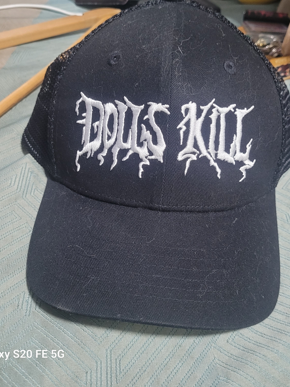 Dolls Kill Black Trucker Hat with White Embroidered Logo